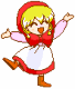 Animated pixel art of a blonde girl in a red hooded dress with white apron, performing a sequence of dance poses with raised arms and alternating leg positions.