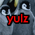 Two side-by-side animated frames show a character with large eyes and yellow horns, with text changing from red 'yulz' to white 'wentz' over a gray background.