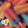 A static image of multiple colorful popsicle-like objects with a small heart-shaped icon overlay containing a yellow and orange design.