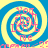 Four identical spiral patterns with blue and yellow concentric rings, each containing pink text fragments arranged in a circular layout.