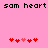 Pixelated text 'sam heart sam heart' in black on pink background with two of red and pink heart icons below
