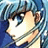 A pixelated anime-style character with blue hair and a black background featuring stylized text.