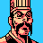 Pixelated 48x48 static icon of a character with striped headgear, dark hair, and pinkish-red facial features against a solid blue background.