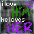 Animated contact sheet of 10 frames showing a text-based buddy icon with changing heart symbols and repeated phrases "i love him" and "he loves her" on a gray background.