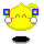 Yellow pixelated character with closed eyes, pink cheeks, and blue-yellow flags on brown poles; black shadow below.