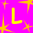 Bright pink background with scattered yellow starbursts and three large yellow L-shaped symbols, one gray square partially obscuring the bottom-right corner.