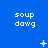 Blue background with repeated white text 'soup dawg' in three , animated white symbols including plus signs, stars, and dots changing position across frames