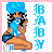 Pixelated cartoon-style icon of a person with blue hair and clothing sitting in a crouched pose, next to vertical blue text on the right side, all within a pink border.
