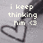 Pixelated static image with white text reading 'i keep thinking him <3' over a gray background featuring a dark heart outline.