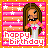 Pixelated image of a character with long brown hair holding a microphone, standing against striped background with stars and 'HAPPY BIRTHDAY' text.