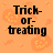 Pixelated orange background with pumpkin motifs and black text reading 'Trick-or-treating', 'Lots-of-screaming', and 'Candy-trading halloween' in a