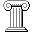 Pixel art collage of five distinct objects: a , scroll, sword, shield, and framed image with a stone door, all in grayscale with yellow, blue, and red accents