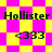 Two identical pixelated images of 'Hollister' text and '<333' symbols on a yellow-pink checkered background with diamond-shaped patterns.