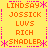 Yellow background with orange and pink pixelated text arranged in a pattern, featuring repeated names and asterisks