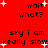 Red background with black text and white sparkles; repeated phrases 'wait what?', 'sry i am really slow' in pixelated font across two