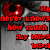 Red circular eye with black pupil and white highlight on gray background, surrounded by red pixelated text in multiple