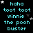Pixelated cyan text on black background with animated white and gray stars, repeating 'haha toot toot winnie the pooh buster' in four