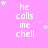 Pink background with white text reading 'he calls me chell' and scattered star symbols in various positions.