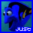Animated blue fish character with black and yellow stripes, open mouth, large eyes; text changes from 'just keep' to 'keep swimming' across frames.