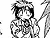 Black-and-white anime-style character with spiky hair and floral headband in multiple poses holding a sword-like object, transitioning to full-body views of different characters.