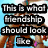 Four hands form a peace sign with text overlay reading "This is what friendship should look like" against a blue sky background.