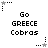 Pixelated black-and-white image with repeated text "Go GREECE Cobras" and star icons in four corners, showing animation changes between light and dark stars.