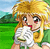 Pixelated cartoon-style image of a blonde girl with large eyes, wearing a white top, standing in a green field under a blue sky.
