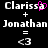 Pixelated text displays 'Clarissa + Jonathan = <3' with a pink heart replacing the 'i' in Clarissa on one side of a split-screen layout.