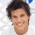 Pixelated image of a smiling person with curly hair, green Starbucks logo, and green text reading 'Taylor Launter & Starbucks' on white and gray background.