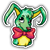 Pixelated green creature with long curved ears, black eye patch over one eye, red bow tie, and yellow circular body part on gray background.