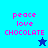 Pixelated text 'peace love CHOCOLATE' in pink on blue backgrounds with a star symbol, one star dark blue, one light blue.