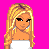 Pixel art contact sheet showing three frames of an animated female character with blonde hair, white top, and pink accents on a bright pink background with visible text elements.