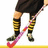 Pixelated image of a person in dark shorts and striped socks holding a pink-and-red hockey stick, with yellow text reading "GO DEER PARK" on the right.