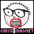 Pixelated cartoon face with spiky hair, black glasses, red cheeks, and open mouth showing teeth, with pink text below.