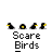 Animated contact sheet showing 20 sequential frames of a pixel art animation featuring red and black stick figures with white heads, birds, and text "Scare Birds" on gray background.