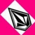 A diamond-shaped icon with a white border on bright pink background, featuring a black and gray pixelated symbol resembling stylized letters or abstract shapes.