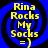 Four identical blue spiral backgrounds with yellow text reading "Rina Rocks My Socks = )" arranged in a