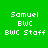 Green background with white text reading 'Samuel', 'BWC', and 'BWC Staff' arranged in a , with red rectangular overlays changing position across frames