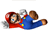 Pixelated character in red cap and blue overalls lies on back with arms outstretched, eyes open, mouth closed.