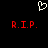 Pixelated white heart symbol above two red 'R.I.P.' text blocks on black background.