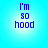 Blue pixelated text 'I'm so hood' on a light blue gradient background with four identical arranged in a