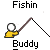 Animated sequence showing a yellow figure fishing with a brown rod, transitioning from holding the rod to catching a white fish, with text labels 'Buddy' and 'Fishin' visible.