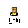 A 4-frame animated contact sheet showing a pixelated character with brown hair and yellow clothing against a gray background, each frame labeled "Ugly" in white text below the icon.