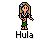 Pixel art of a woman with long blonde hair wearing green shorts and blue accessories, standing against gray background with 'Hula' text below.
