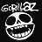 Pixelated black-and-white icon featuring the word "Gorillaz" above a stylized skull with hollow eye sockets and a wide, toothy grin on a solid black background.