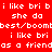 Red background with white pixelated text repeating phrases like "i like bri b" and "she do", interspersed with magenta rectangular blocks containing the same text.