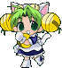 Pixel art character with green hair, cat ears, and yellow pom-poms in a blue-and-white dress holding a golden bell.