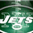 Green oval logo with white 'JETS' text and football symbol, alongside grayscale player image in green jersey with number 6.