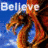 Animated icon shows a fiery dragon head with 'Believe' text over blue sky, transitioning to red race car on road, then purple hedgehog character against black background.