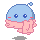 Pixelated blue jellyfish-like character with pink tentacles, two blue eyes, red cheeks, and a small blue bubble on its head against a gray background.